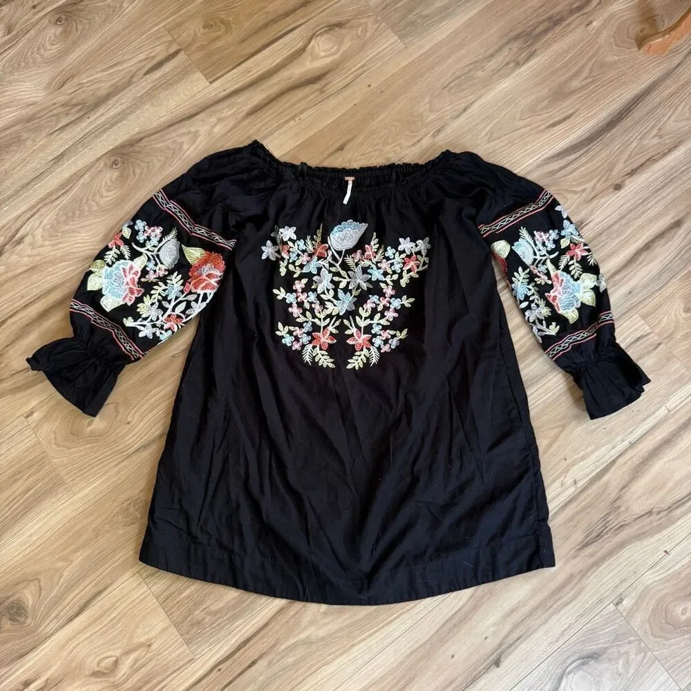 Free People Womens Black Floral Embroidered Off Shoulder Mini Dress Size Medium
